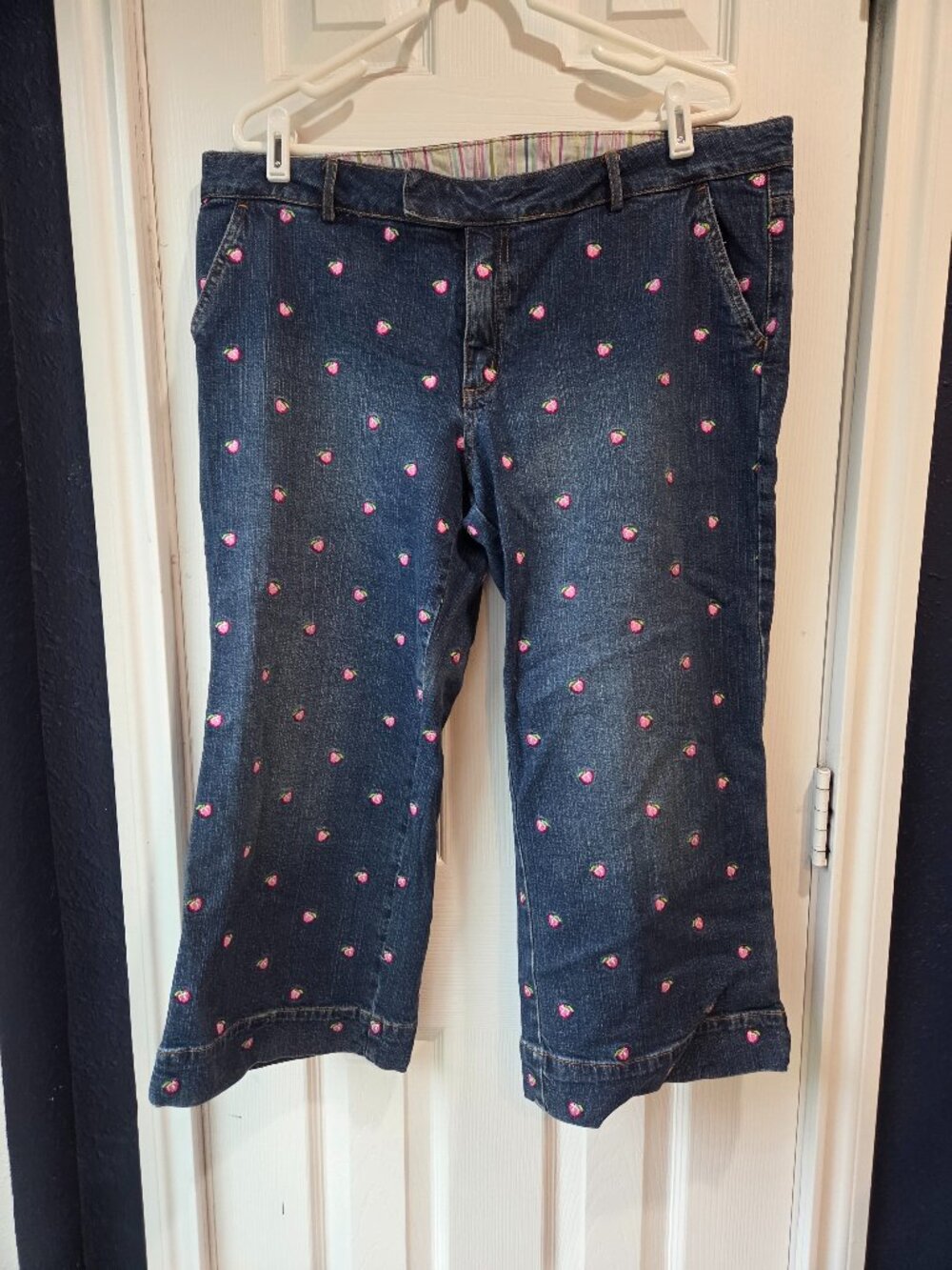 Lilly Pulitzer Women's Jeans Size 14 Embroidered Apple Blue Denim Stretch Capris